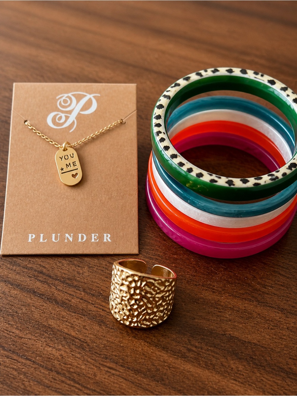Plunder Gold YOU + ME Pendant Necklace with Colorful Resin Bangle Stack